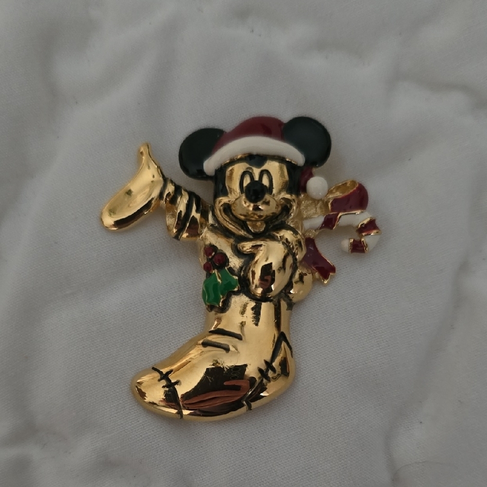 Disney Mickey Vibtage Napier Festive Gold Brooch with Red and Green Accents